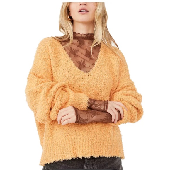 Free People Theo V-Neck Dropped-Shoulder Sweater in Orange - Picture 3 of 3